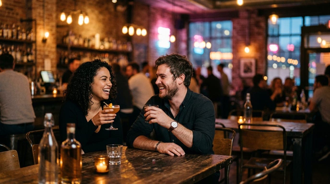 A couple laughs over cocktails at a rustic wooden table inside a dimly lit, industrial-style distillery. Soft amber light...