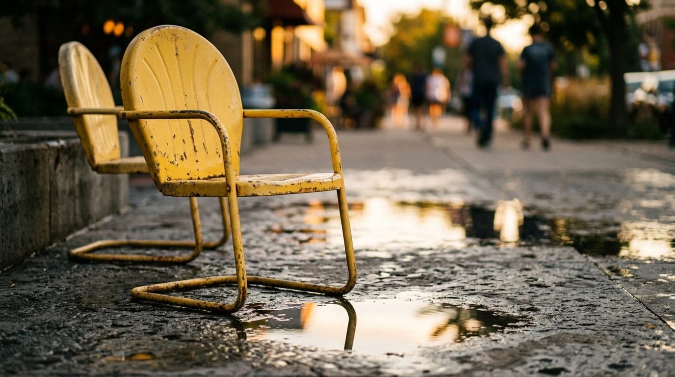 A pair of sun-bleached, yellow Memorial Union Terrace chairs sit on rain-slicked concrete. An 85mm shot captures the textu...