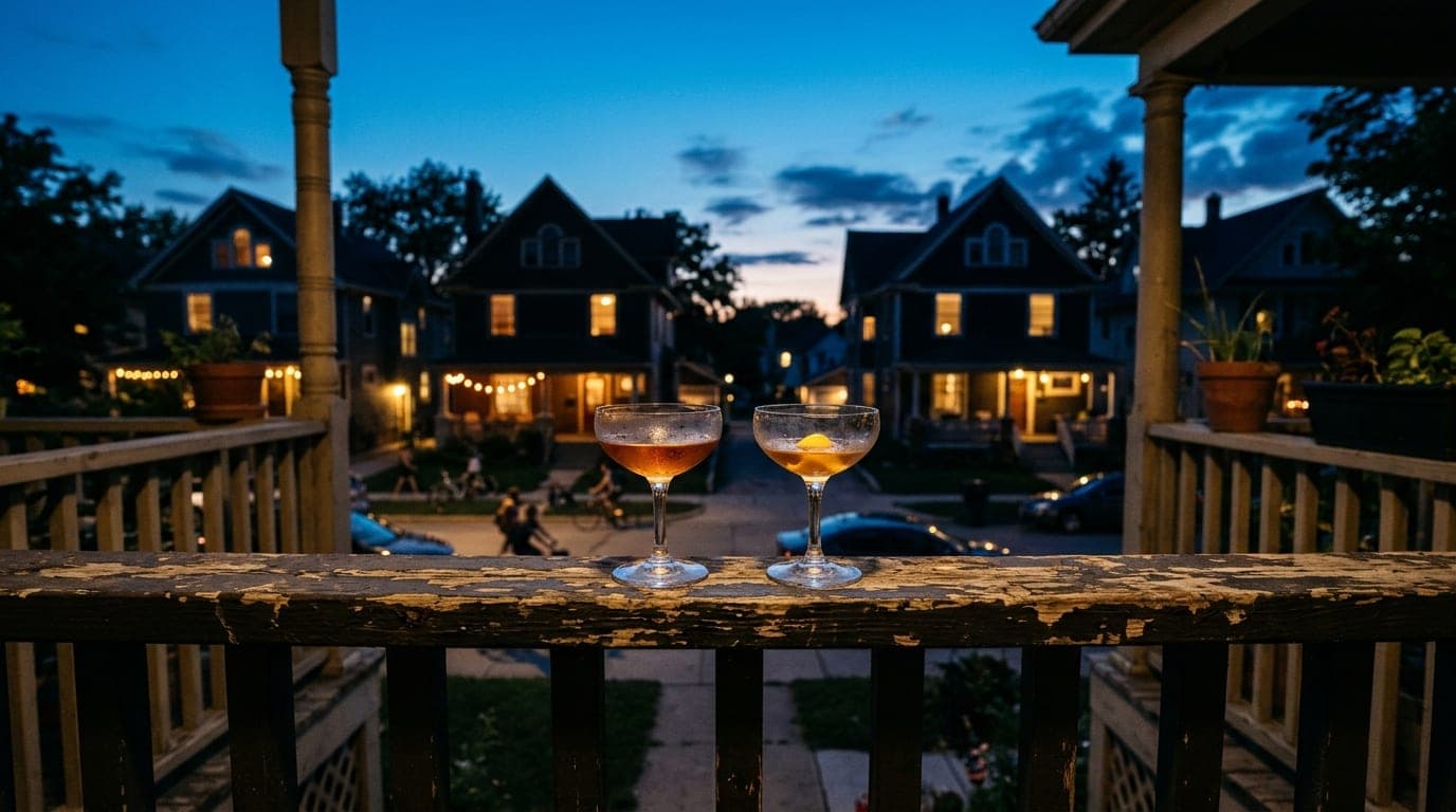 A 24mm wide-angle shot, centered symmetrically at blue hour. Two half-empty vintage coupe glasses sit on a weathered woode...