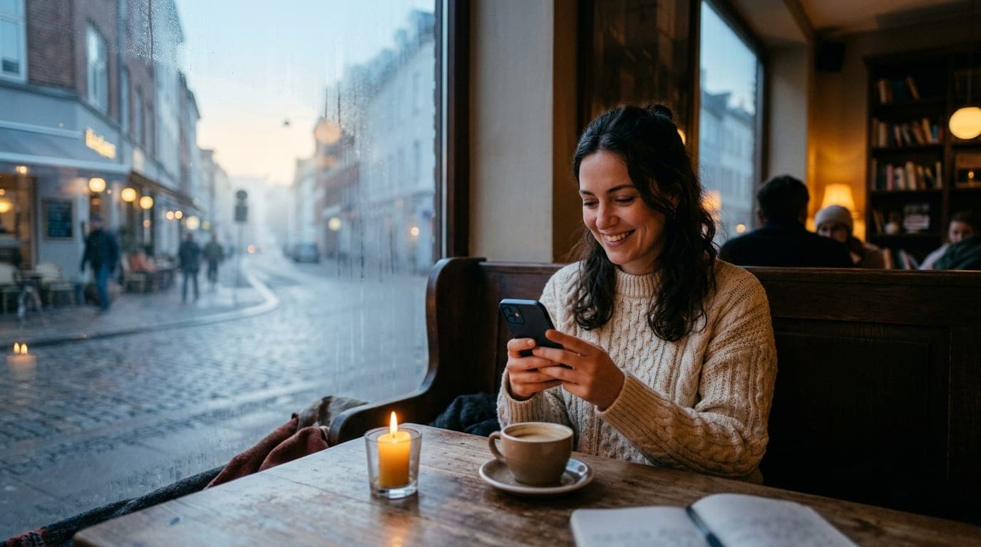 A woman in a thick cable-knit sweater sits in a warm, candle-lit coffee shop booth, smiling as she holds a smartphone, off...