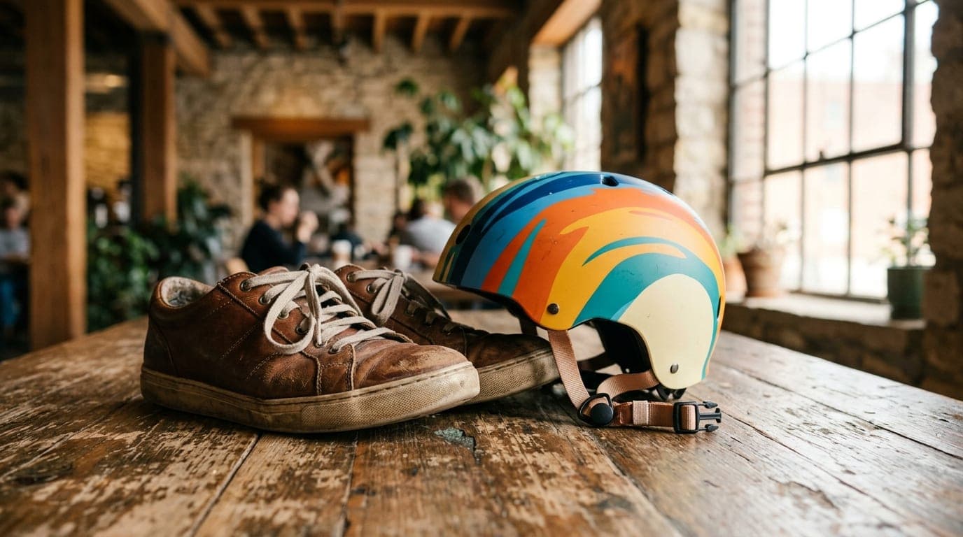An 85mm close-up of a pair of worn leather sneakers and a colorful bike helmet resting on a rustic wooden table at Garver...