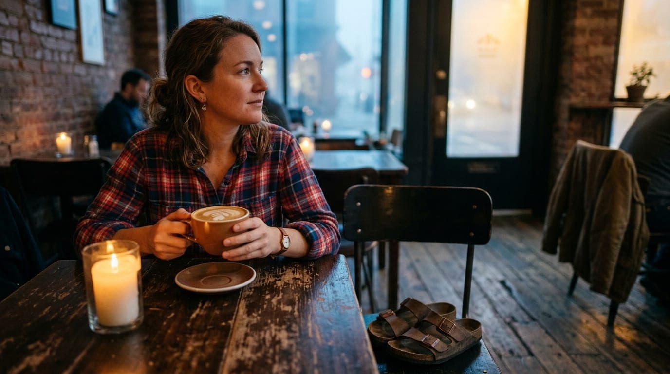 A medium shot, candle-lit, shows a woman in a plaid flannel shirt holding a hot latte, looking across a rustic wooden tabl...