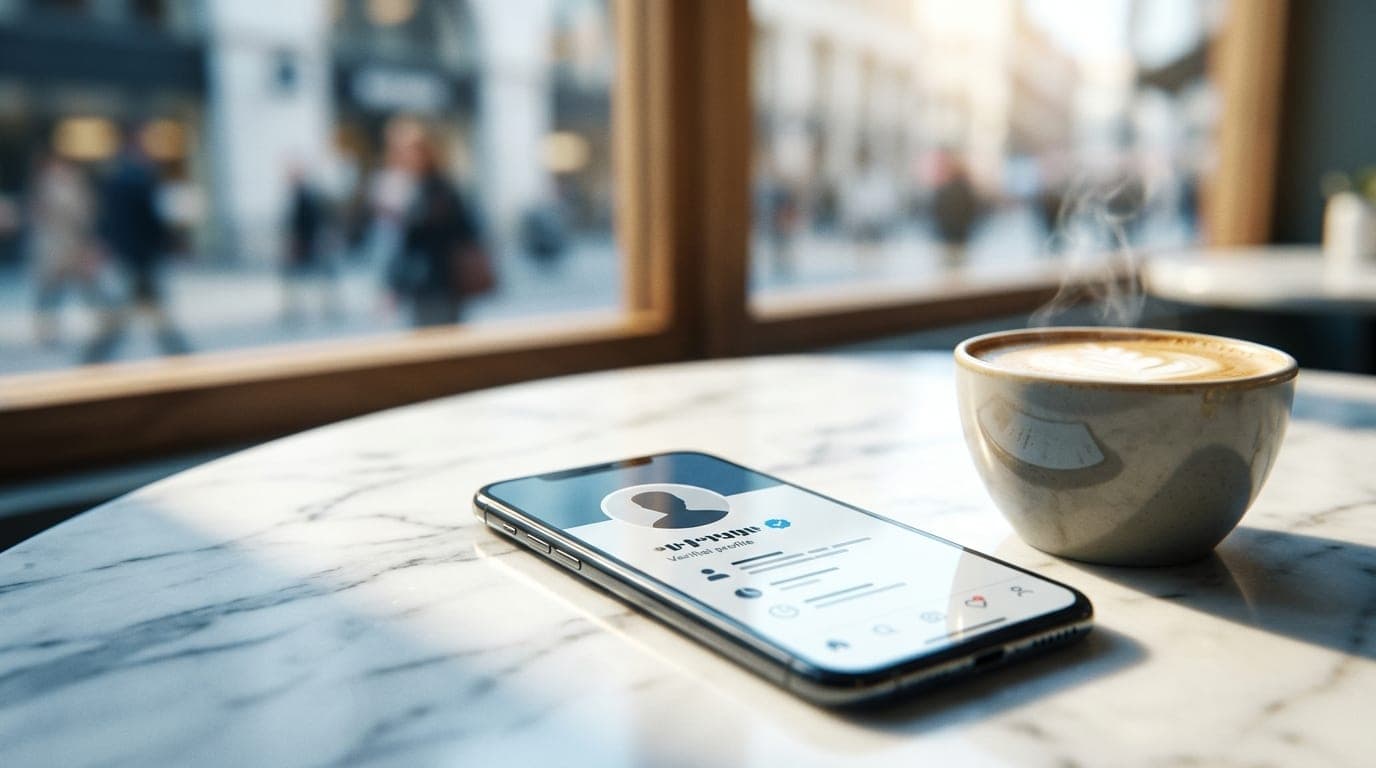 A tilt-shift close-up of a high-end smartphone screen displaying a verified social profile, resting on a bright marble caf...