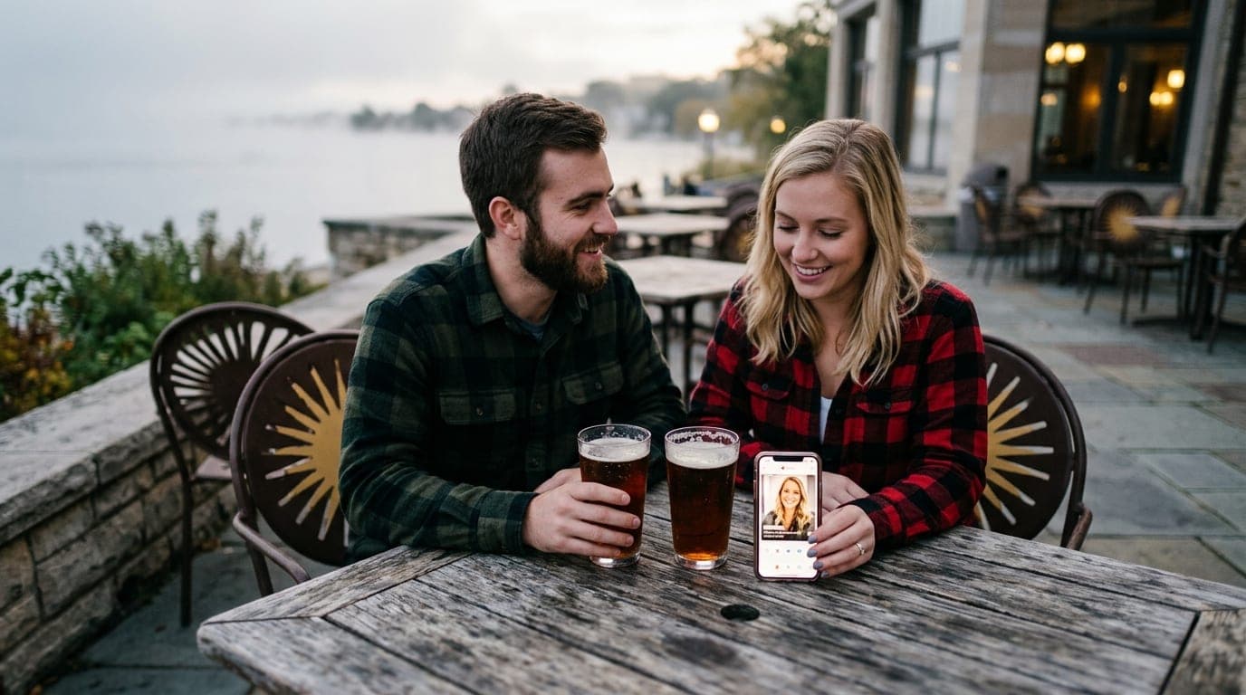 A couple wearing flannel shirts sits at a rustic outdoor table at the Memorial Union Terrace. Tilt-shift focus highlights...