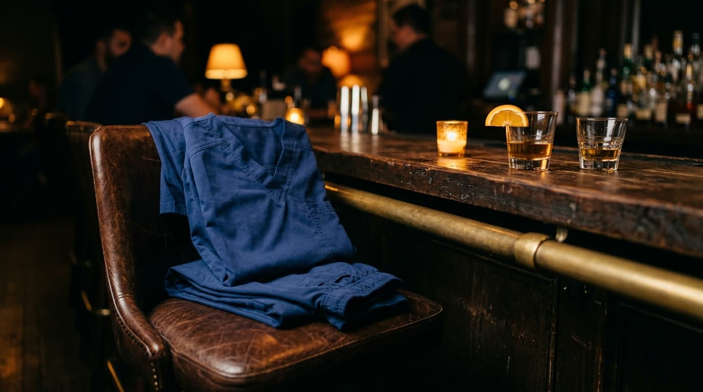 A low-angle shot at a dimly lit McAllen lounge, focusing on a pair of crisp, folded medical scrubs draped over a leather b...