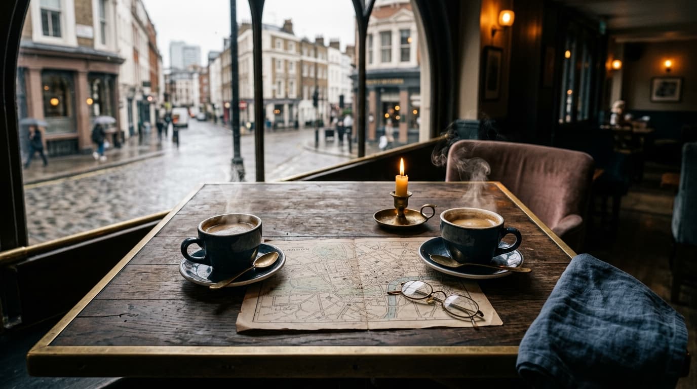 An overhead flat-lay shot of a dark wooden bistro table at an uptown lounge, featuring two steaming ceramic espresso cups,...