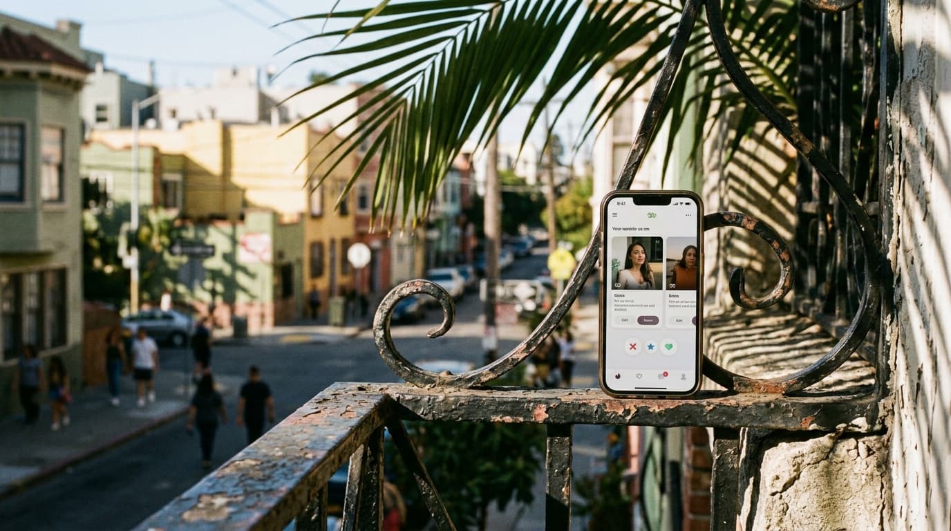 A 35mm documentary close-up, offset right, of a modern smartphone showing a Feeld interface on a weathered wrought-iron ra...