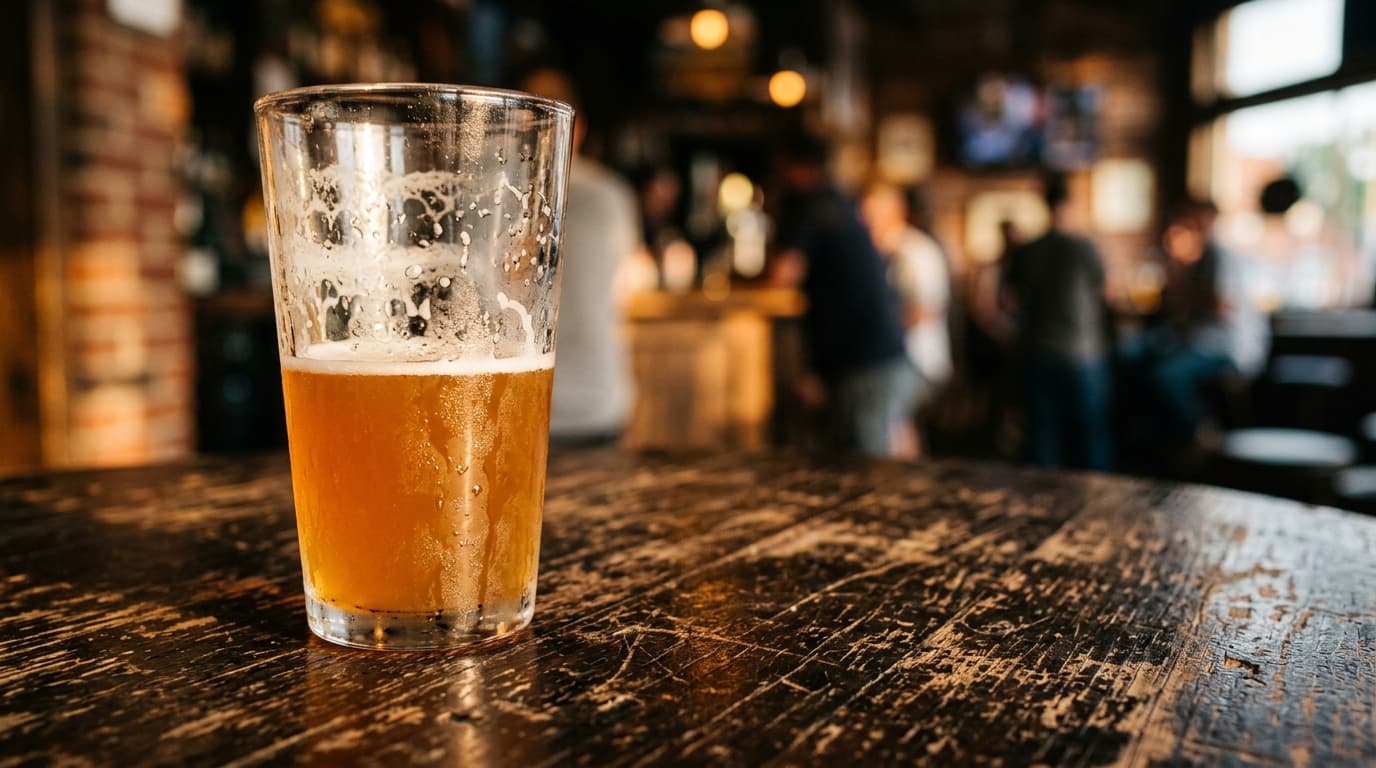 Extreme close-up macro, 85mm portrait. A half-empty pint of craft beer rests on a scratched, dark wood table at The Gremli...