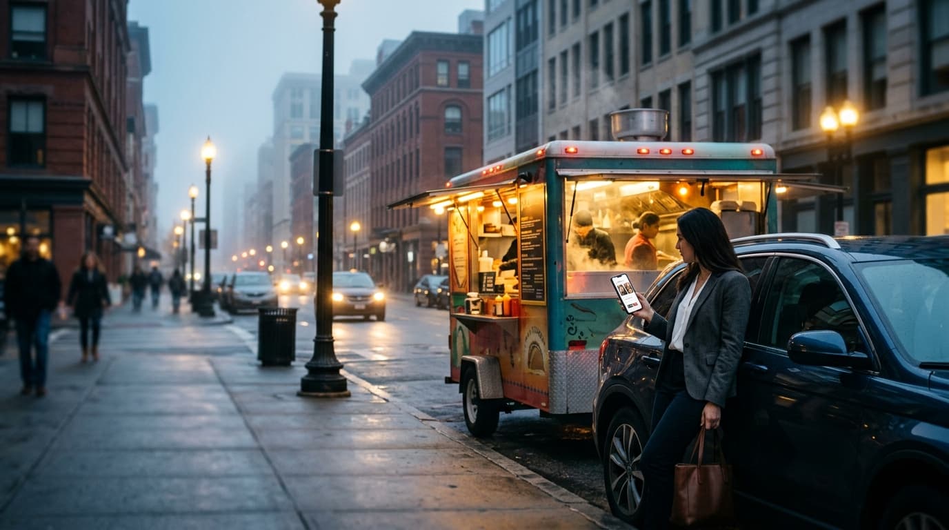 A tilt-shift wide shot from a street corner; a woman in a crisp blazer leans against a parked SUV, checking her Hinge prof...