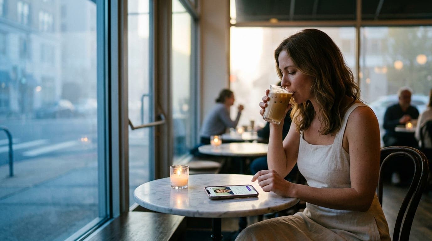 A 35mm medium shot, offset right: a woman in a linen sundress sips an iced latte at a marble table inside a candle-lit cof...