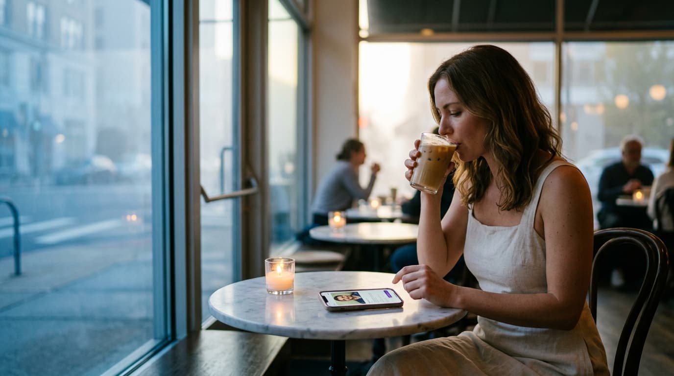 A 35mm medium shot, offset right: a woman in a linen sundress sips an iced latte at a marble table inside a candle-lit cof...