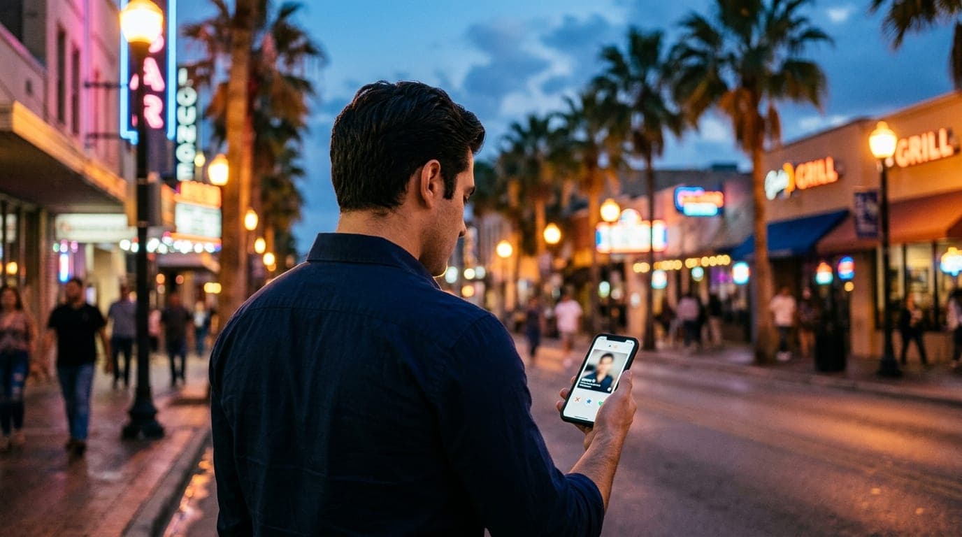 Over-the-shoulder perspective of a man in a crisp button-down shirt holding a phone displaying a dating app. In the lower...
