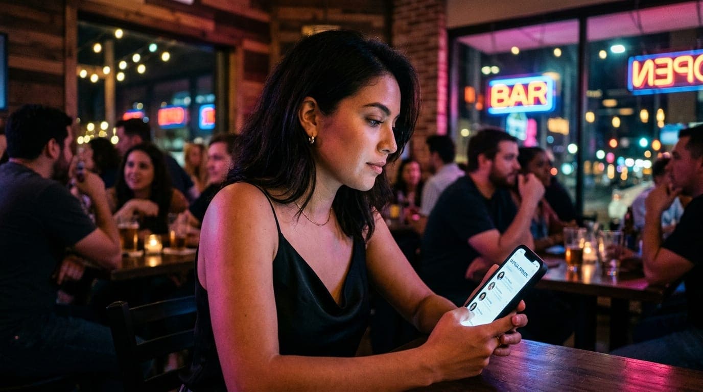 A woman in a black silk camisole stares at a glowing smartphone screen displaying a mutual friend list, her face illuminat...