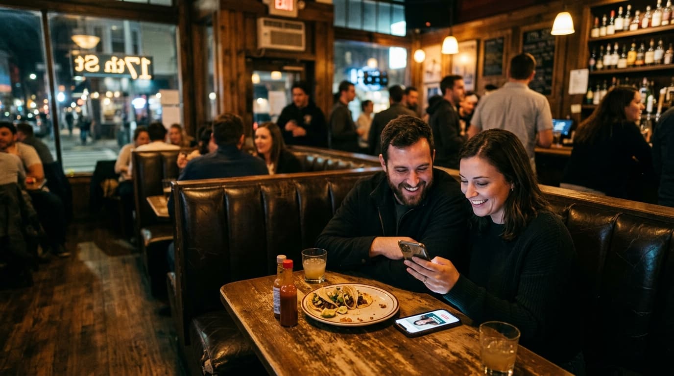 A couple sits in a leather booth at a dimly lit 17th Street bar. A warm tungsten glow highlights a half-eaten taco plate a...
