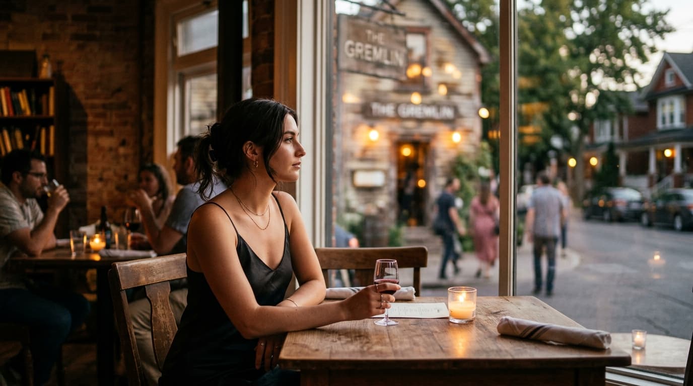 A woman in a silk slip dress sits at a candlelit table inside The Gremlin. The warm, blurred exterior of the converted hou...