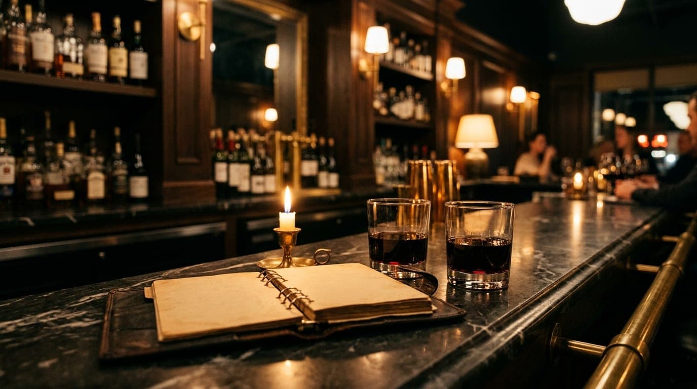 An 85mm low-angle shot in a dimly lit McKinney wine bar. A polished marble countertop holds a vintage pocket planner open...