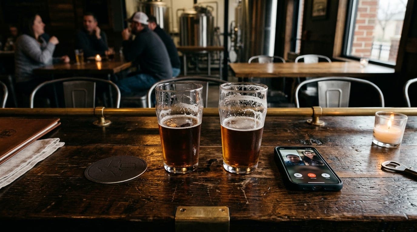 An overhead flat-lay of a dark wood bar top in a McKinney brewery. Centered are two half-poured amber ales, a smartphone d...