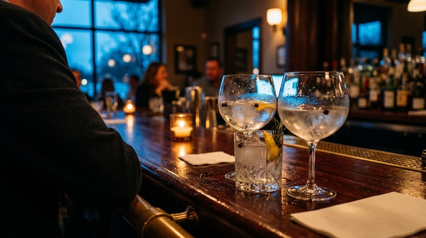 An over-the-shoulder macro shot of a sleek mahogany bar inside a dimly lit McKinney bistro. Two half-poured gin cocktails...