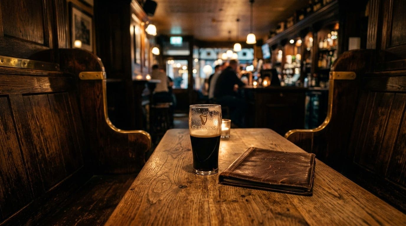 A low-angle shot inside The Celt’s darkened wooden booth. A half-finished pint of stout and a single leather-bound menu si...