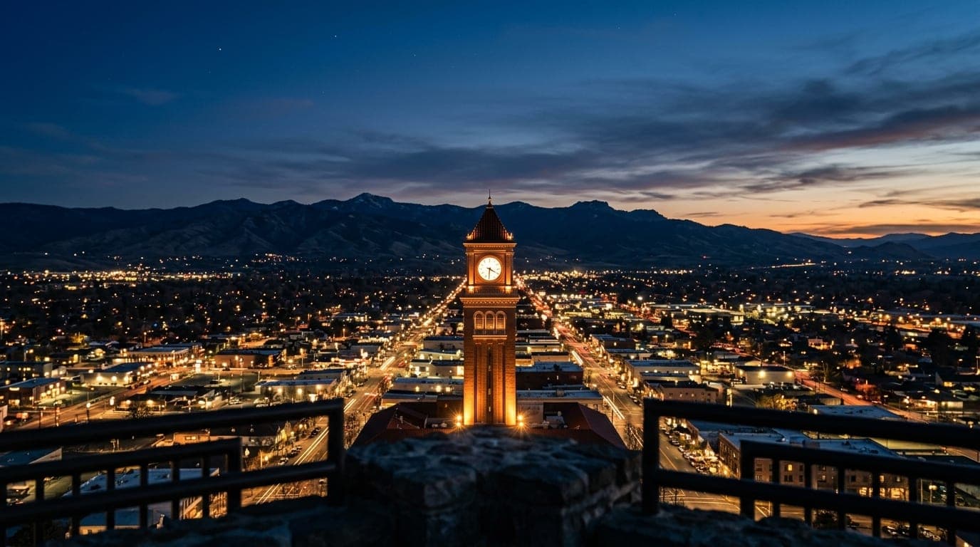 A wide-angle 24mm view captures the illuminated Medford clock tower centered against the deep blue twilight sky, with the...