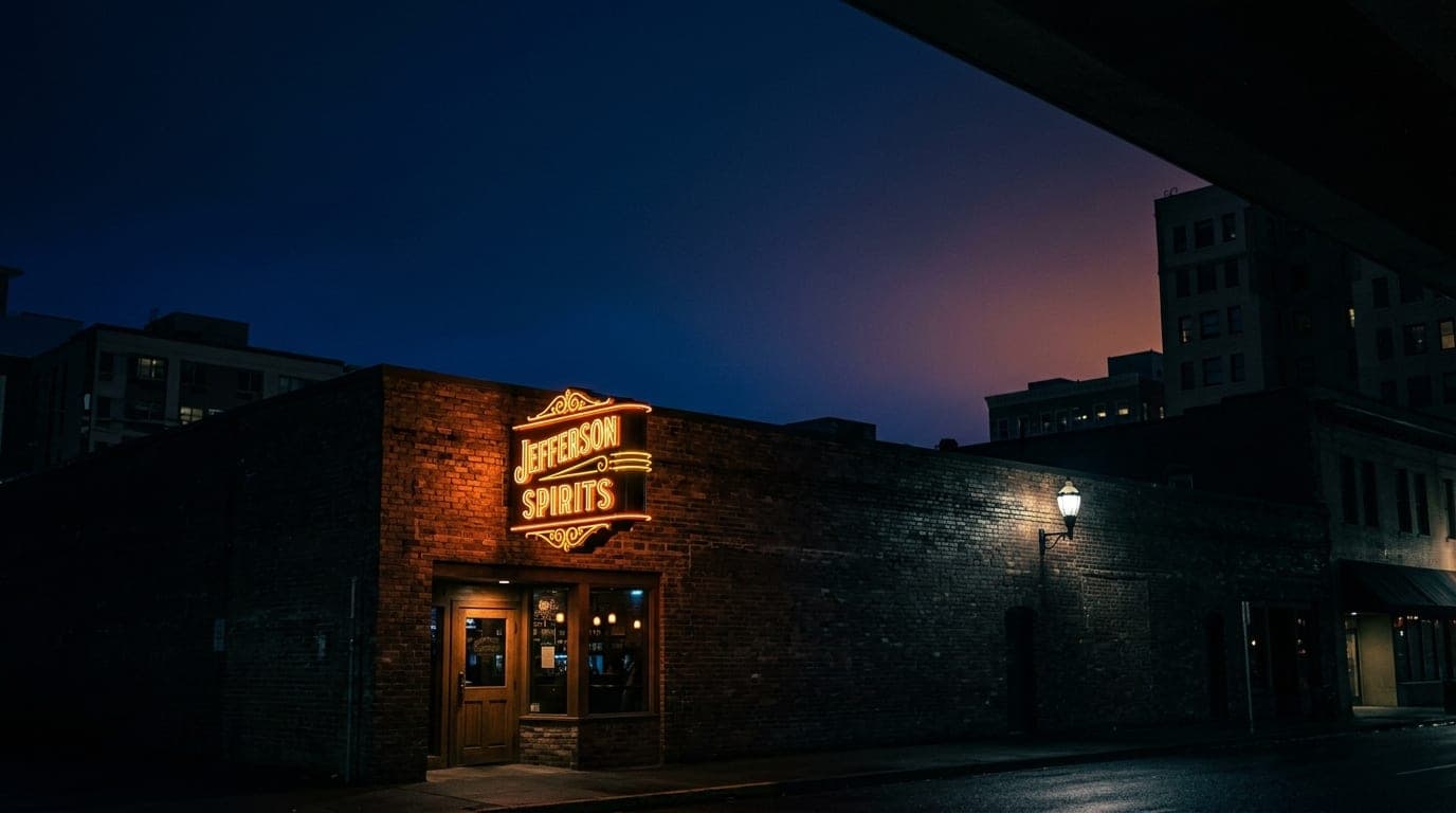 A low-angle shot of the glowing Jefferson Spirits neon sign in downtown Medford at midnight, set against the dark, moody b...
