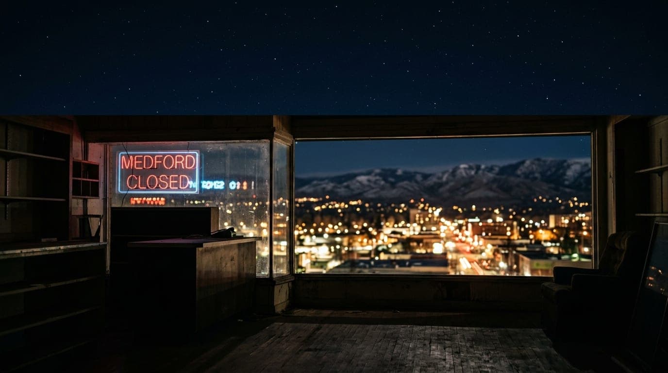 A low-angle, 50mm shot of the neon-lit interior of a shuttered Medford storefront, framing the blurred Rogue Valley mounta...