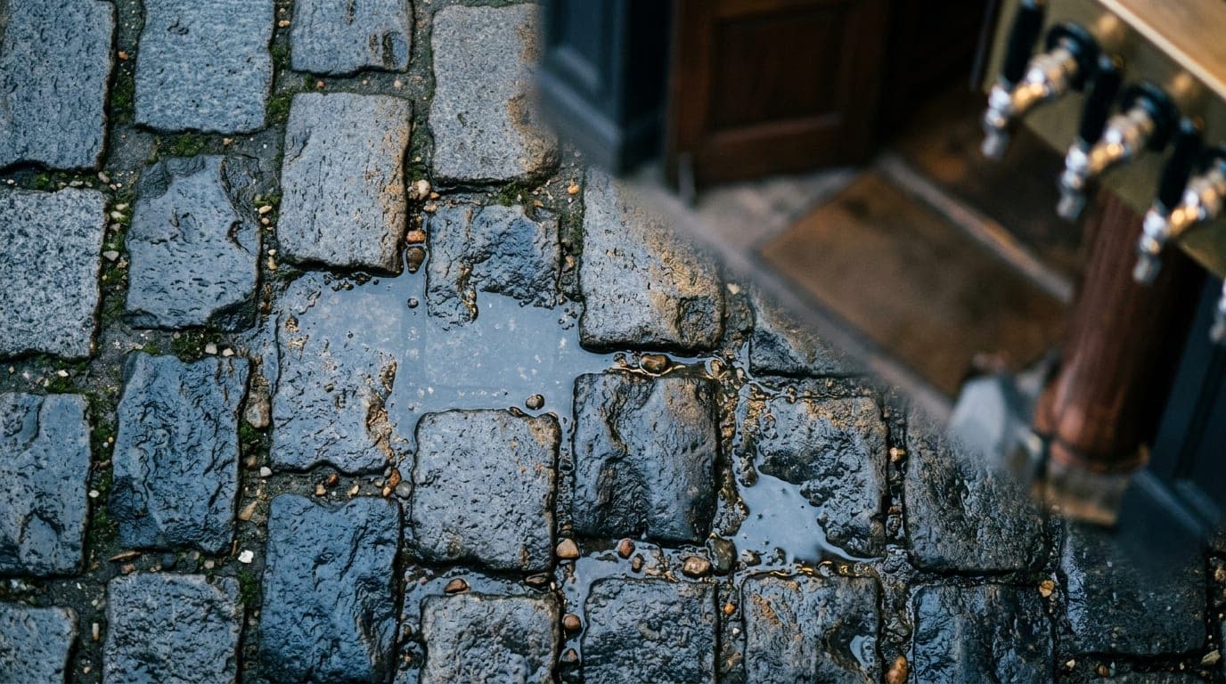 An overhead 100mm macro flat-lay of damp, grey cobblestones outside Common Block, capturing the soft, overcast morning lig...