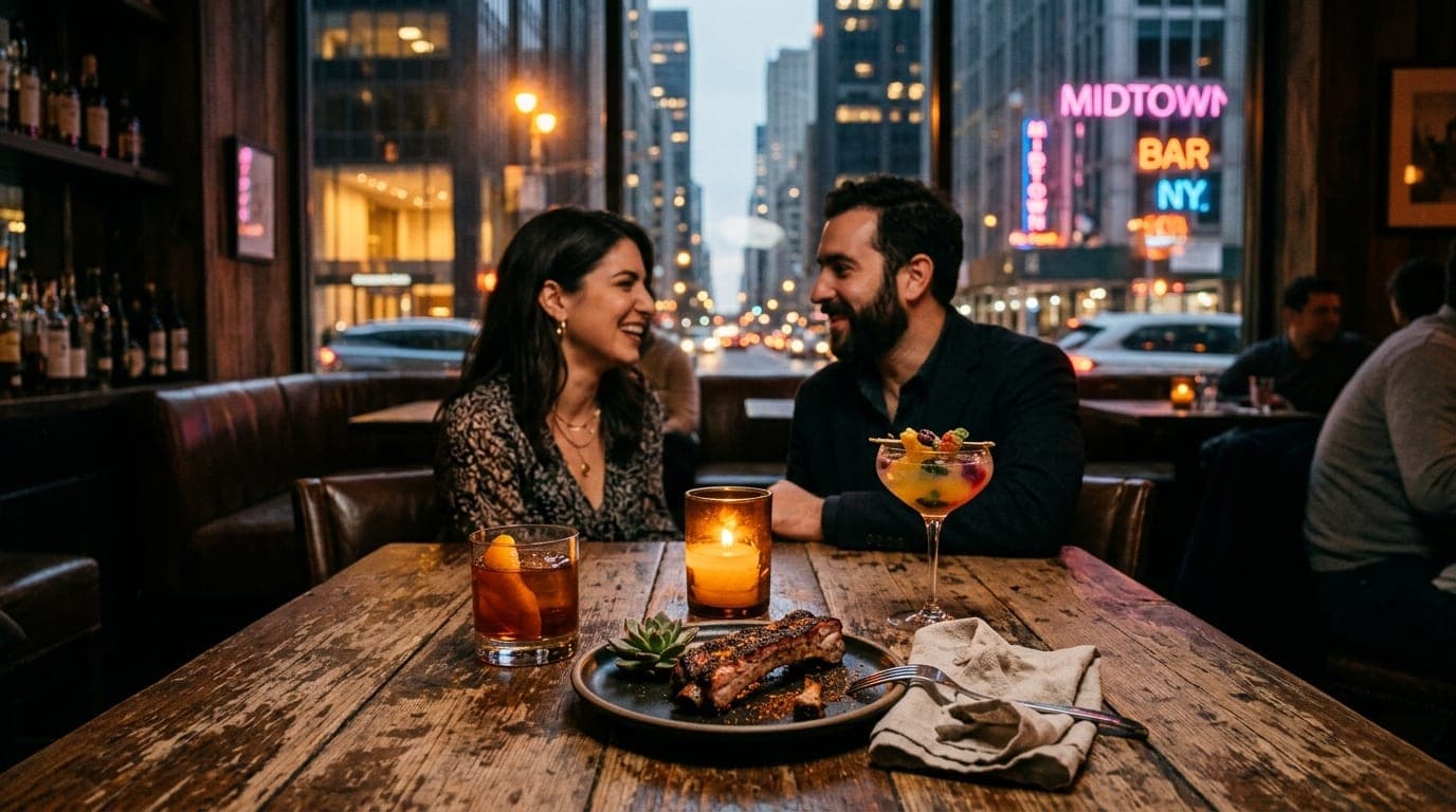 A medium shot in a candle-lit Midtown bar shows a vintage, weathered wooden table holding two craft cocktails and a half-e...