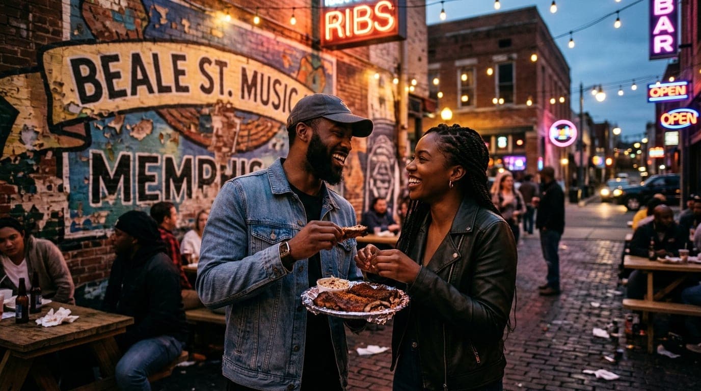 A wide-angle, tilt-shift shot of a couple standing before a vibrant, weathered Midtown mural. They share a messy plate of...