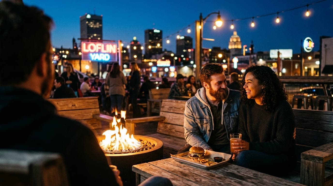 A couple sits near a glowing fire pit at Loflin Yard, embers reflecting in their eyes. A half-eaten burger rests between t...