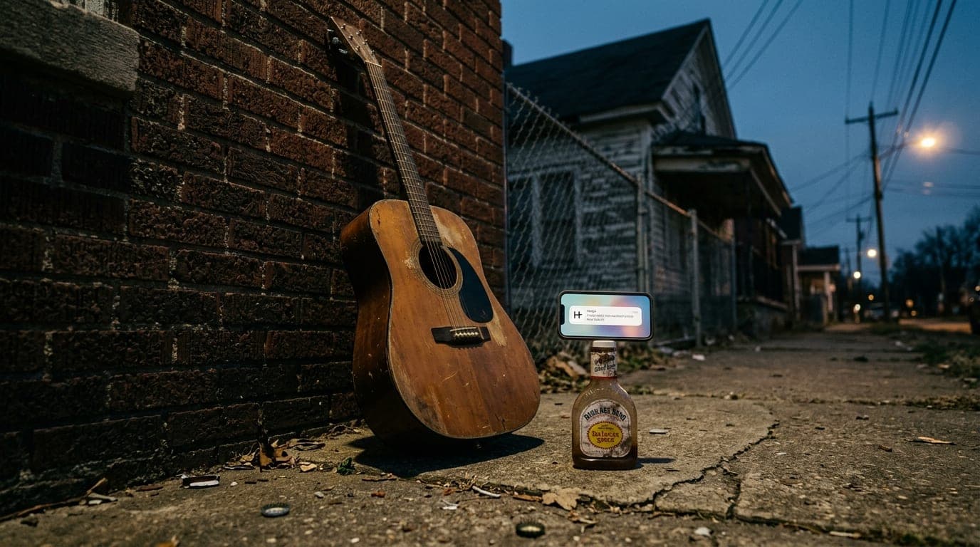 Low-angle hero shot of a weathered acoustic guitar leaning against a brick wall in North Memphis. A Hinge notification glo...