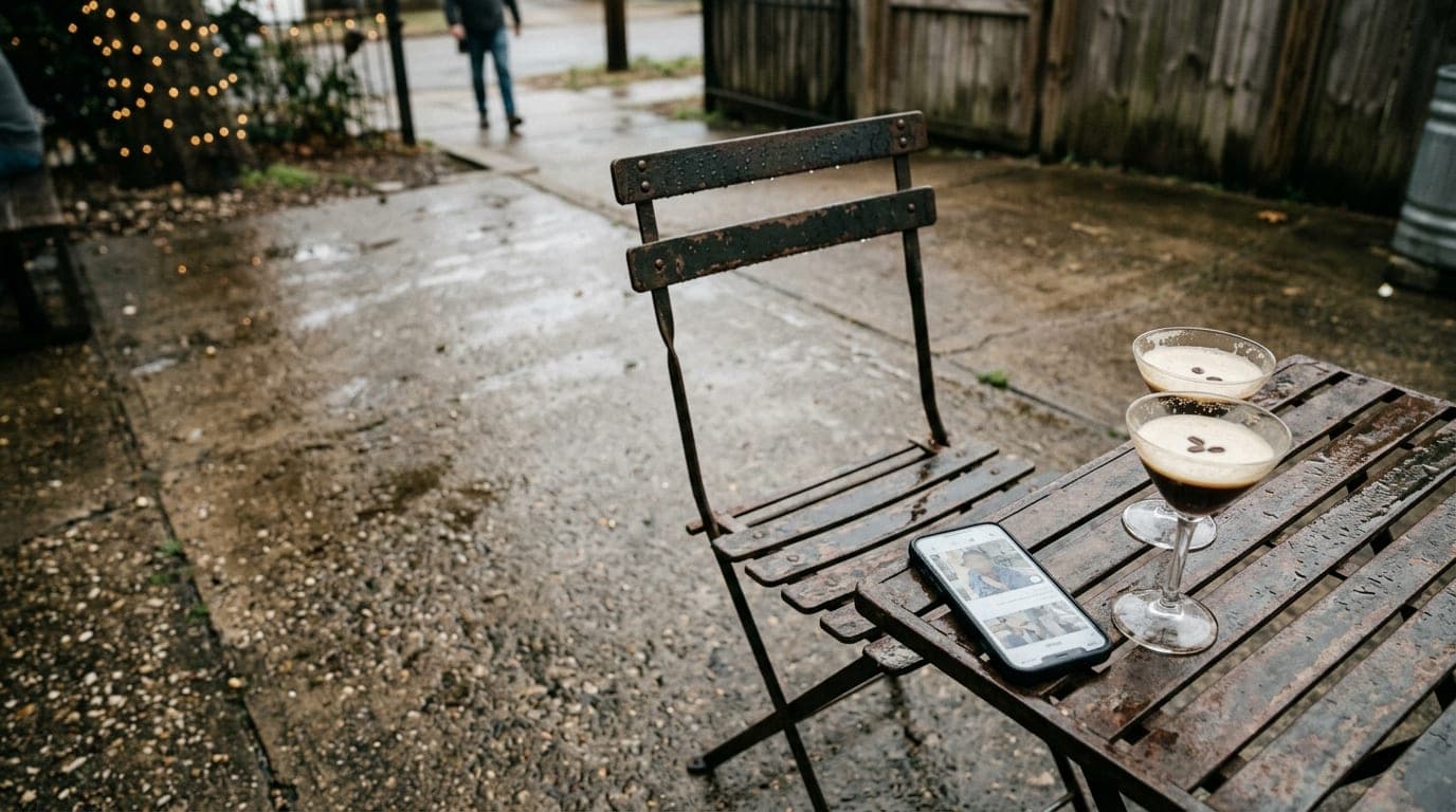 A weathered iron bistro chair sits on a rain-slicked concrete patio at Railgarten. A smartphone screen showing a Hinge pro...