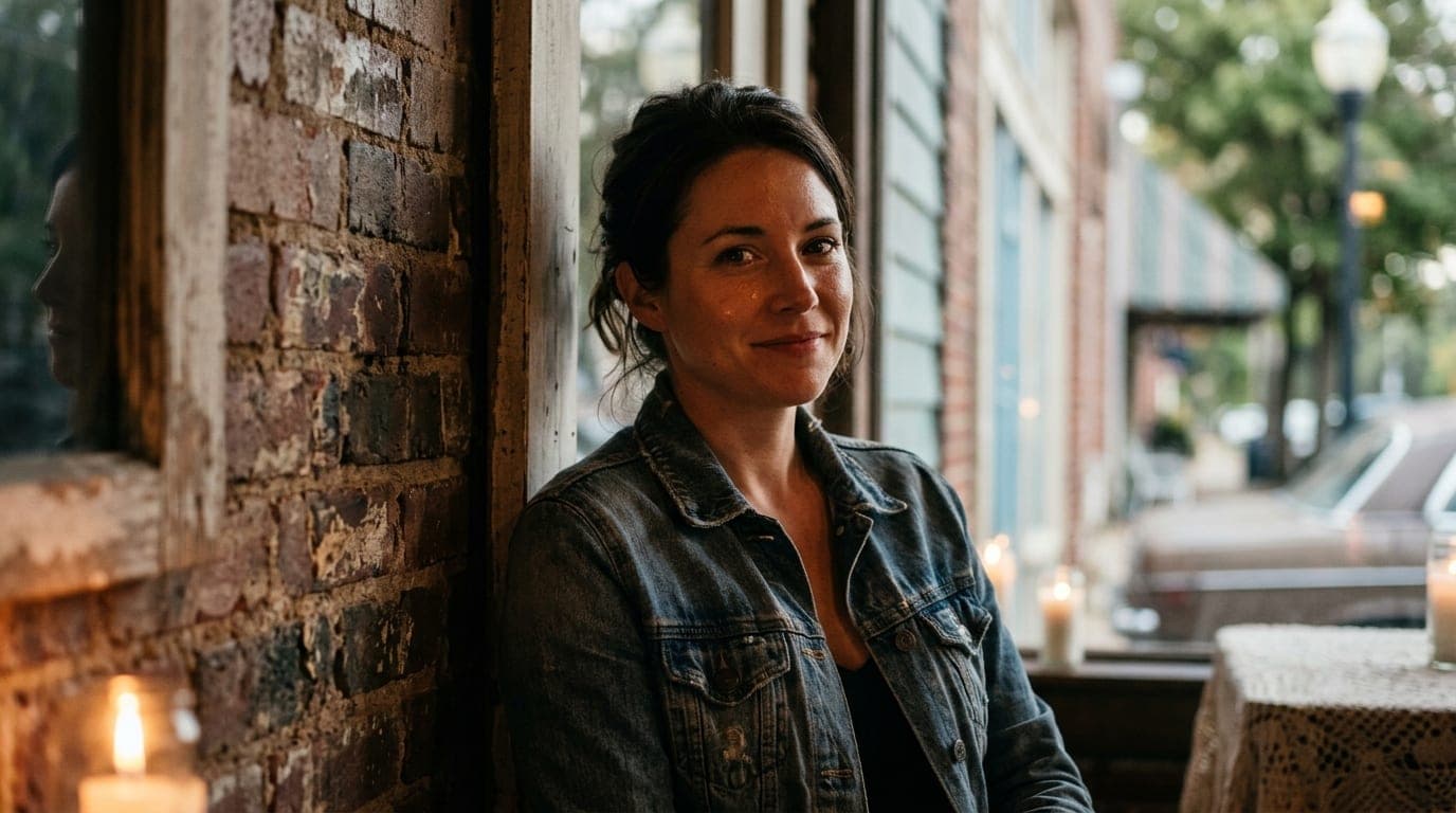 A medium shot, 100mm macro, captures a woman in a vintage denim jacket leaning against a weathered brick wall in Cooper-Yo...