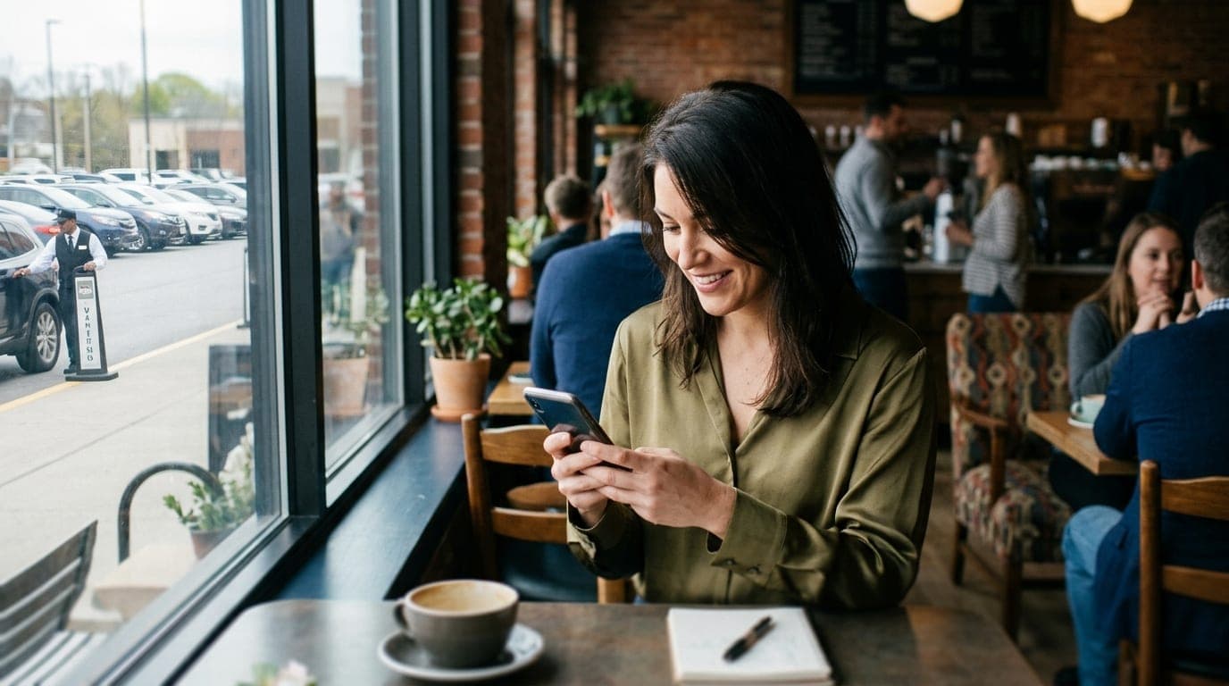Noon natural light through a window illuminates a woman in a silk blouse sitting at a bustling Downtown café, her phone sc...