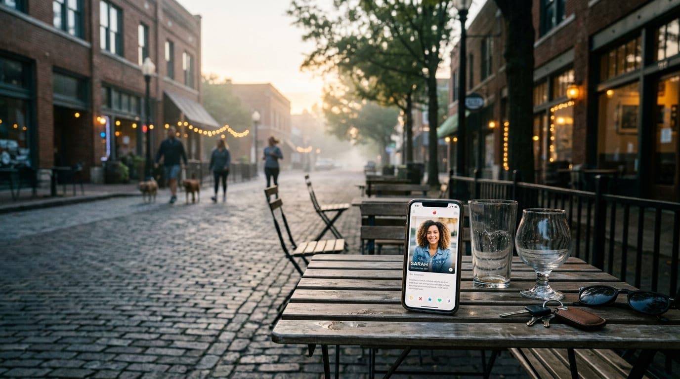 A wide establishing shot at dusk in Overton Square, using tilt-shift selective focus on a smartphone displaying a Tinder p...