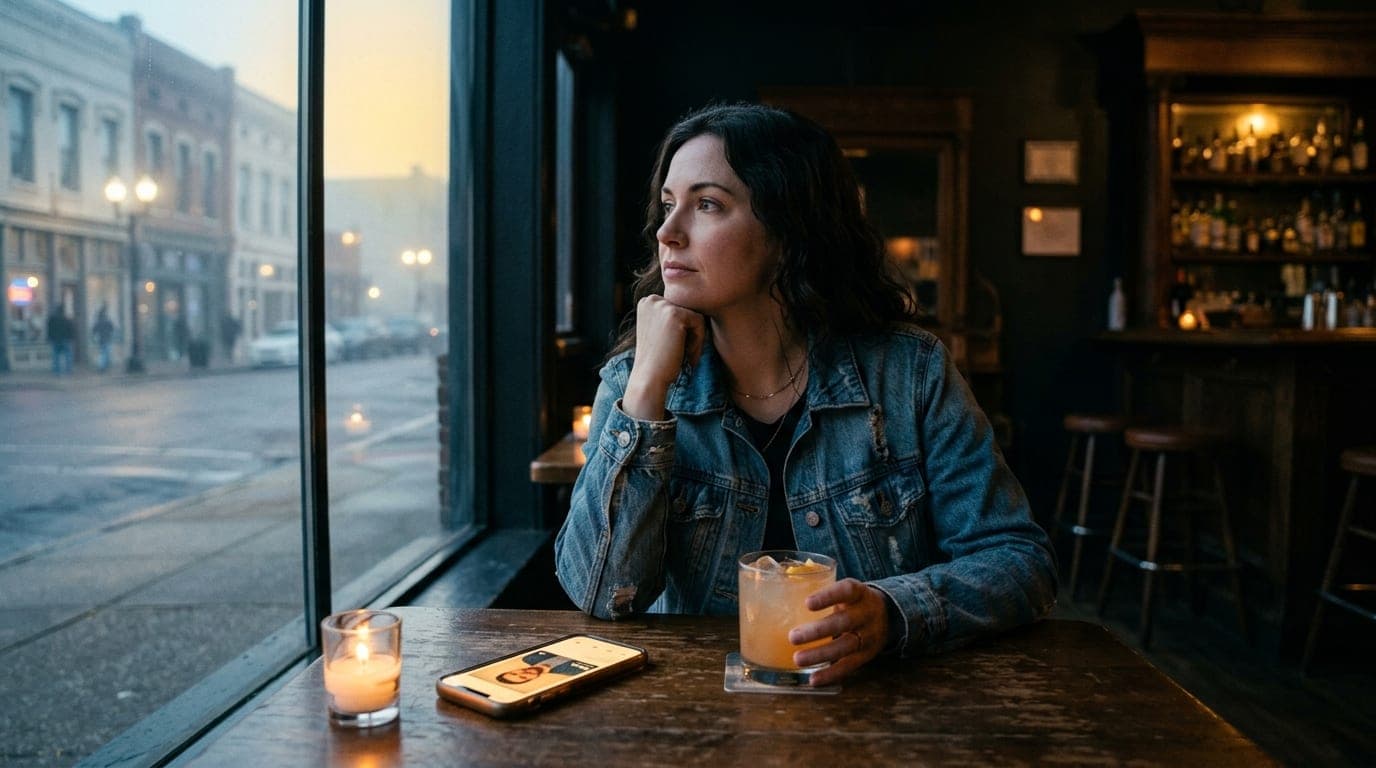 A woman in a vintage denim jacket sits offset right at a dimly lit Bar DKDC table, holding a cocktail. An open smartphone...