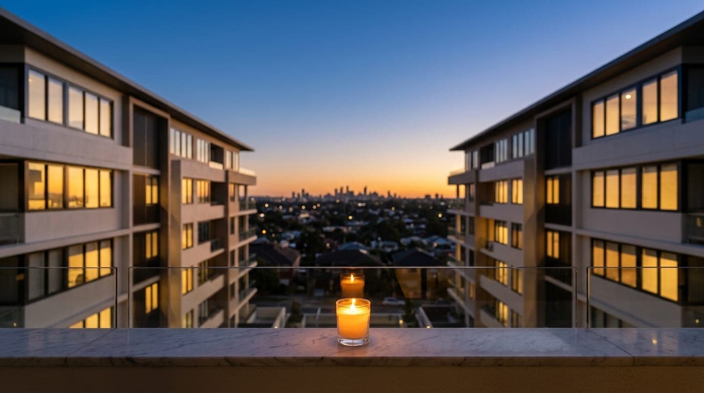 A medium shot captures the glowing, symmetrical architecture of an Eagle Road luxury apartment complex at twilight. A sing...