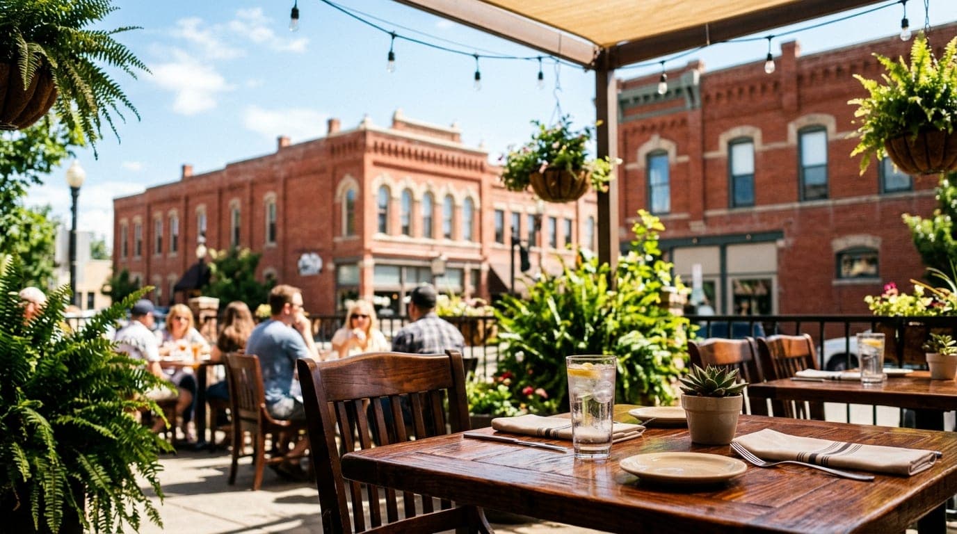 The sunlit patio of Eight Thirty Common in Old Town Meridian at noon, showcasing polished dark wood tables and greenery, w...