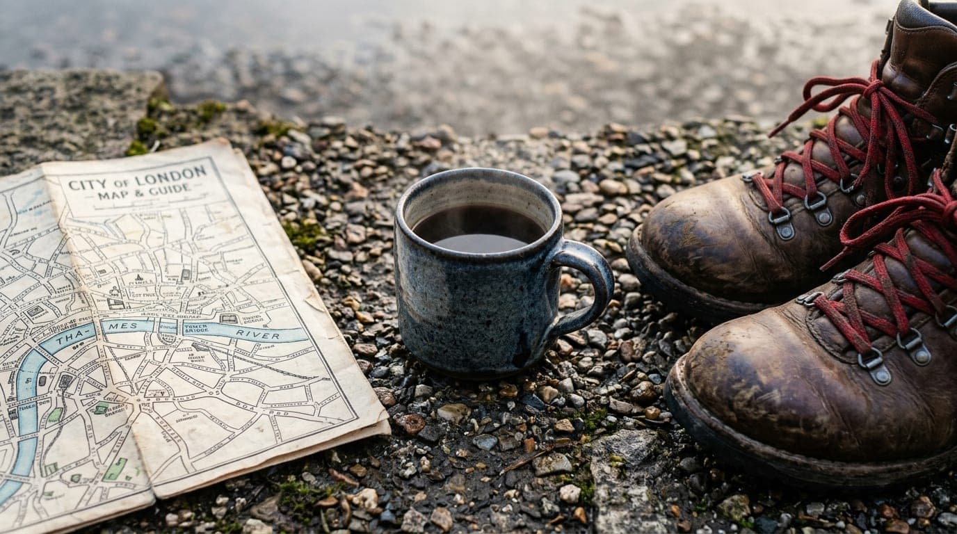 A close-up 100mm macro shot on an overcast morning shows a ceramic coffee mug resting on a gravel surface next to a pair o...