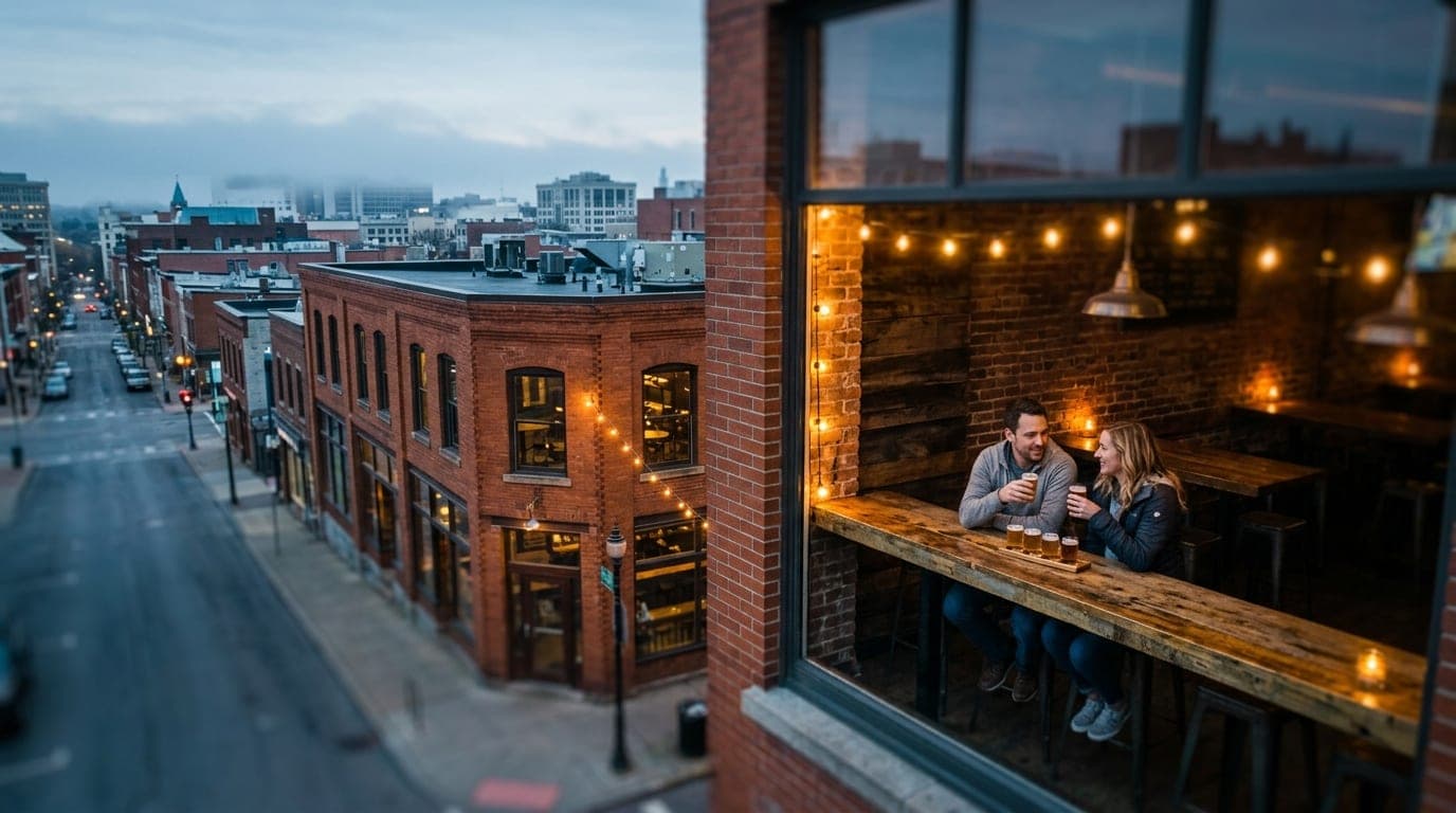 A tilt-shift, wide establishing shot of a couple sharing a flight of craft beers at a wooden high-top inside Loose Screw B...