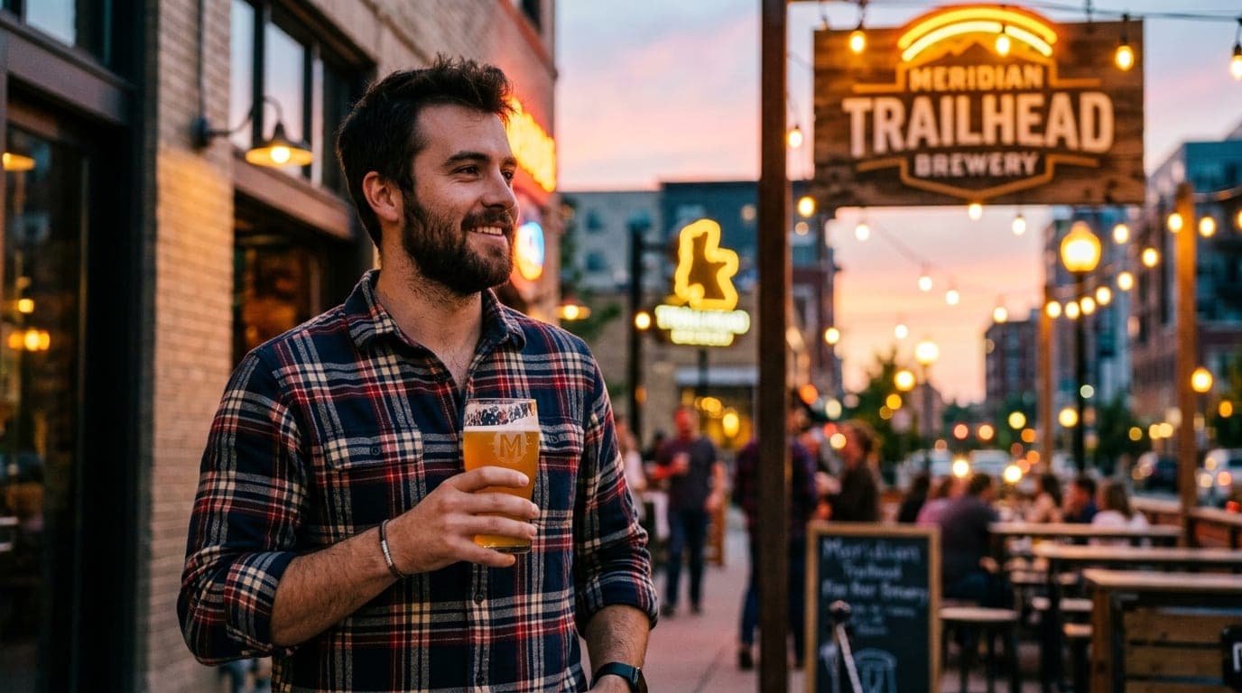 An 85mm portrait, offset left, captures a man in a flannel shirt holding a craft beer at sunset. Behind him, the blurred s...