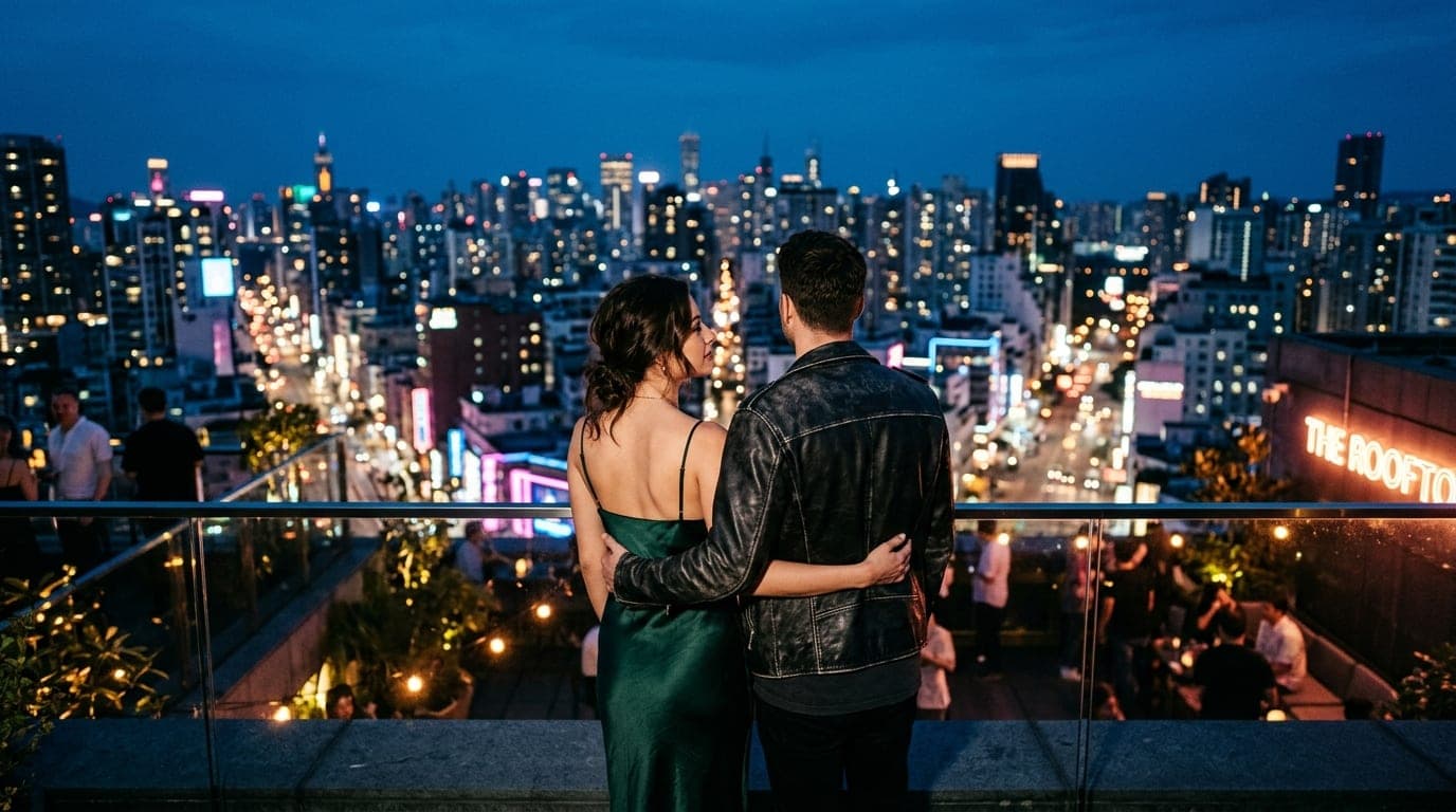 A couple stands at the center of a rooftop terrace at blue hour. The woman wears a silk slip dress; the man, a leather jac...