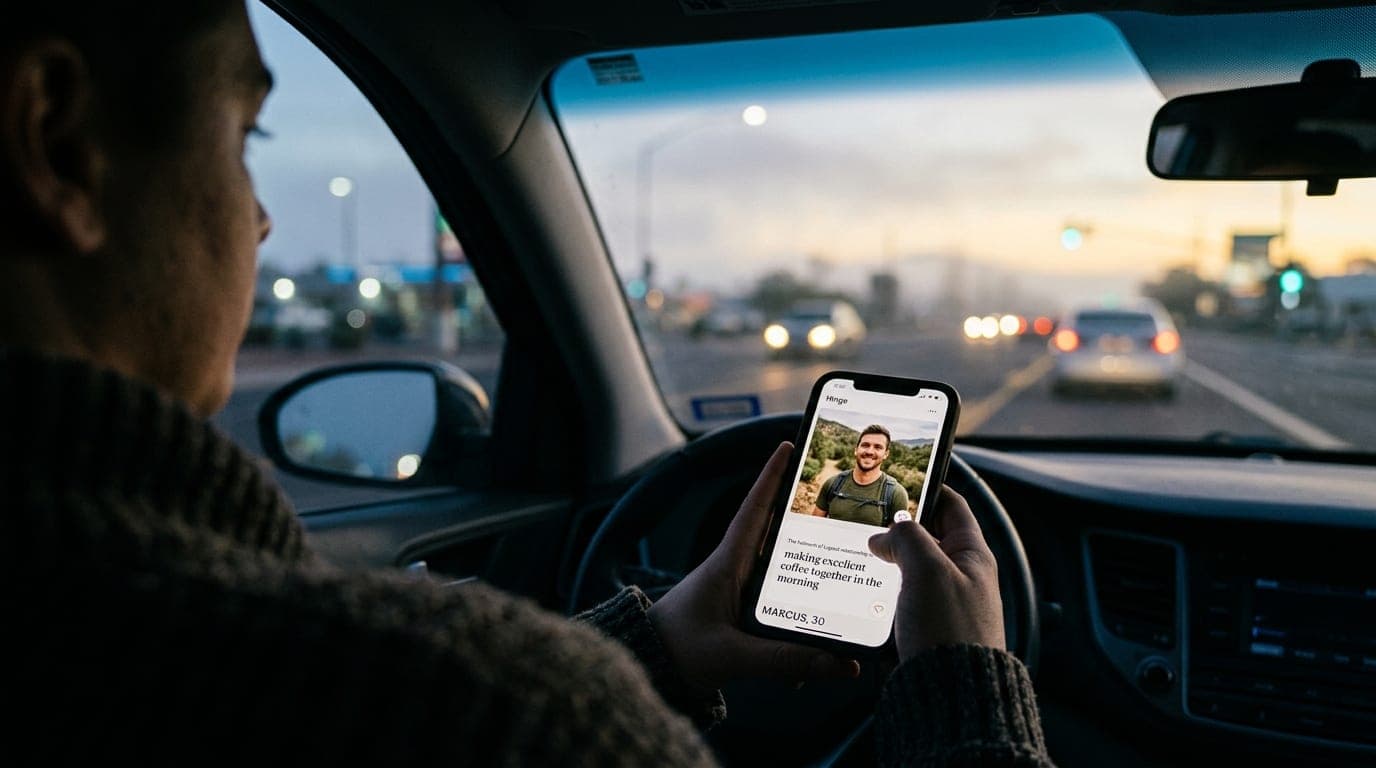 Over-the-shoulder shot at blue hour inside a car, selective focus on a smartphone screen displaying a Hinge profile, frami...