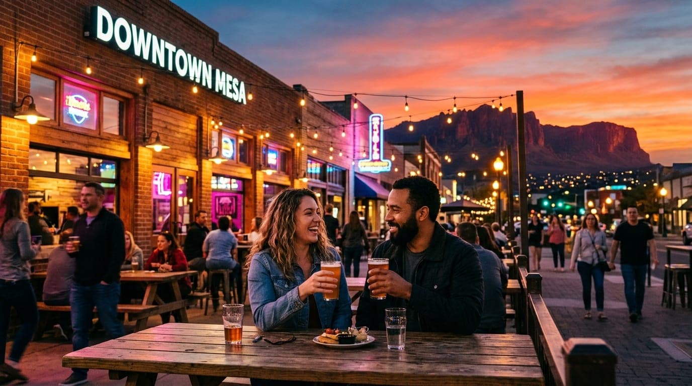 A couple sits at an outdoor table of a vibrant downtown Mesa craft brewery, holding local IPAs. Superstition Mountain silh...