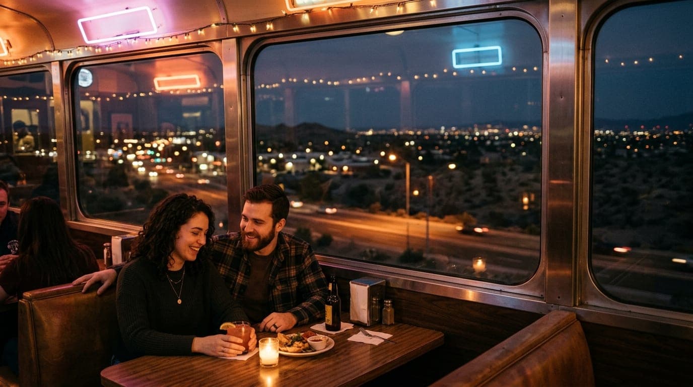 A couple sits inside a retrofitted diner car at Handlebar Diner, bathed in warm booth lighting. Through the window, the da...