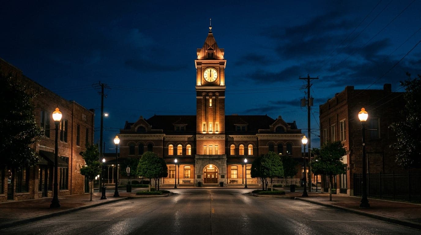 A wide-angle, symmetrical view of the illuminated Front Street Station clock tower at midnight. Warm tungsten lights glow...