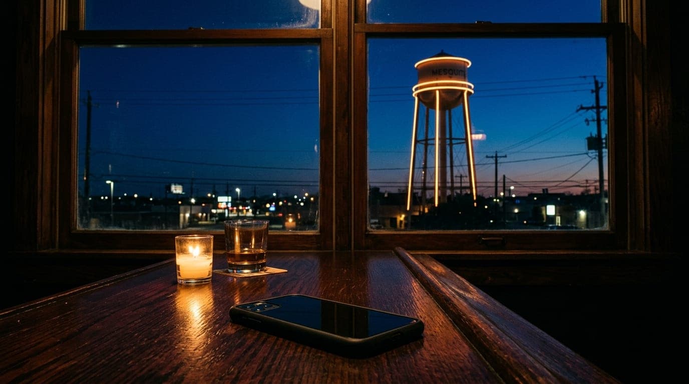 A single unlit smartphone rests on a dark mahogany bar top in the lower third. Through the window, the neon-outlined silho...