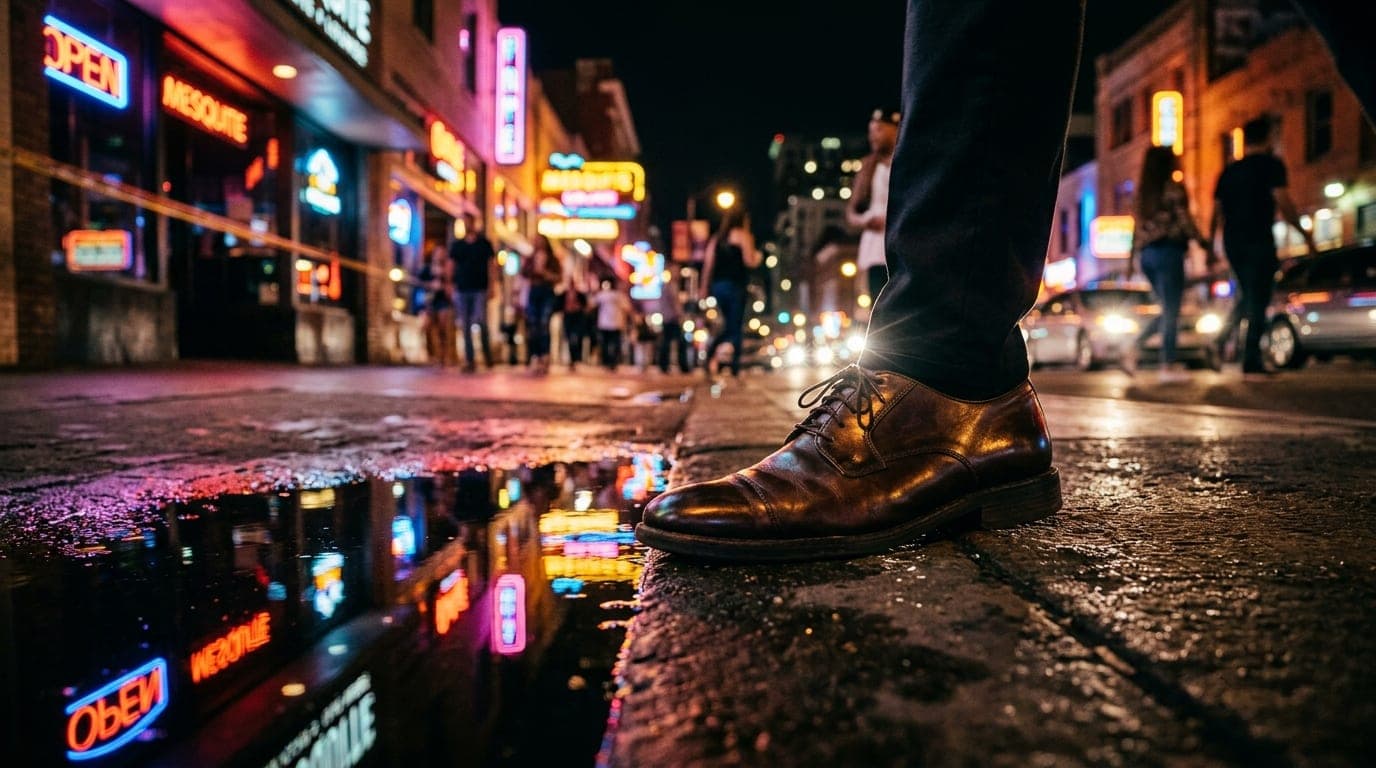 A low-angle, sharp-focus shot of a polished leather dress shoe stepping onto a vibrant sidewalk, with the blurred, neon-dr...