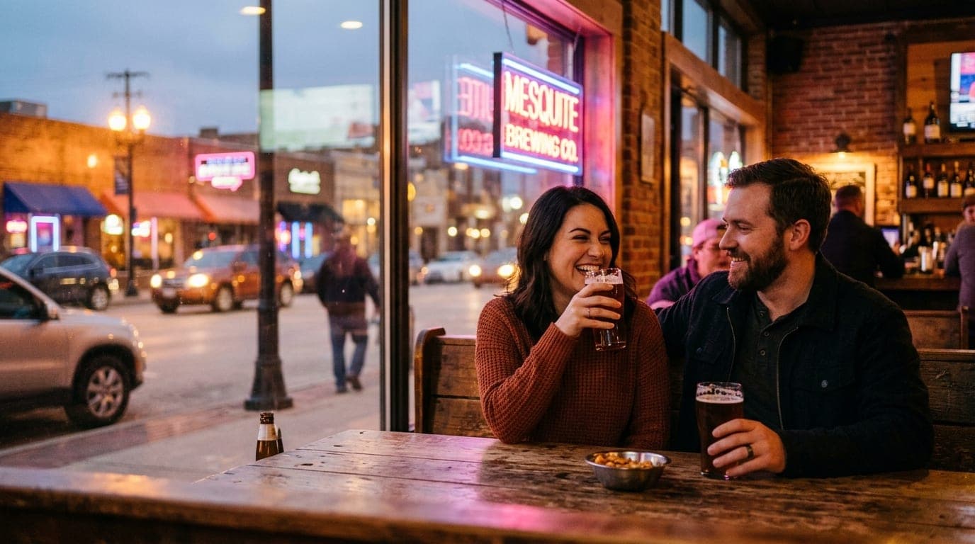 A 35mm documentary shot, rule-of-thirds with subject offset right, captures a couple sharing a craft beer at a dimly lit d...