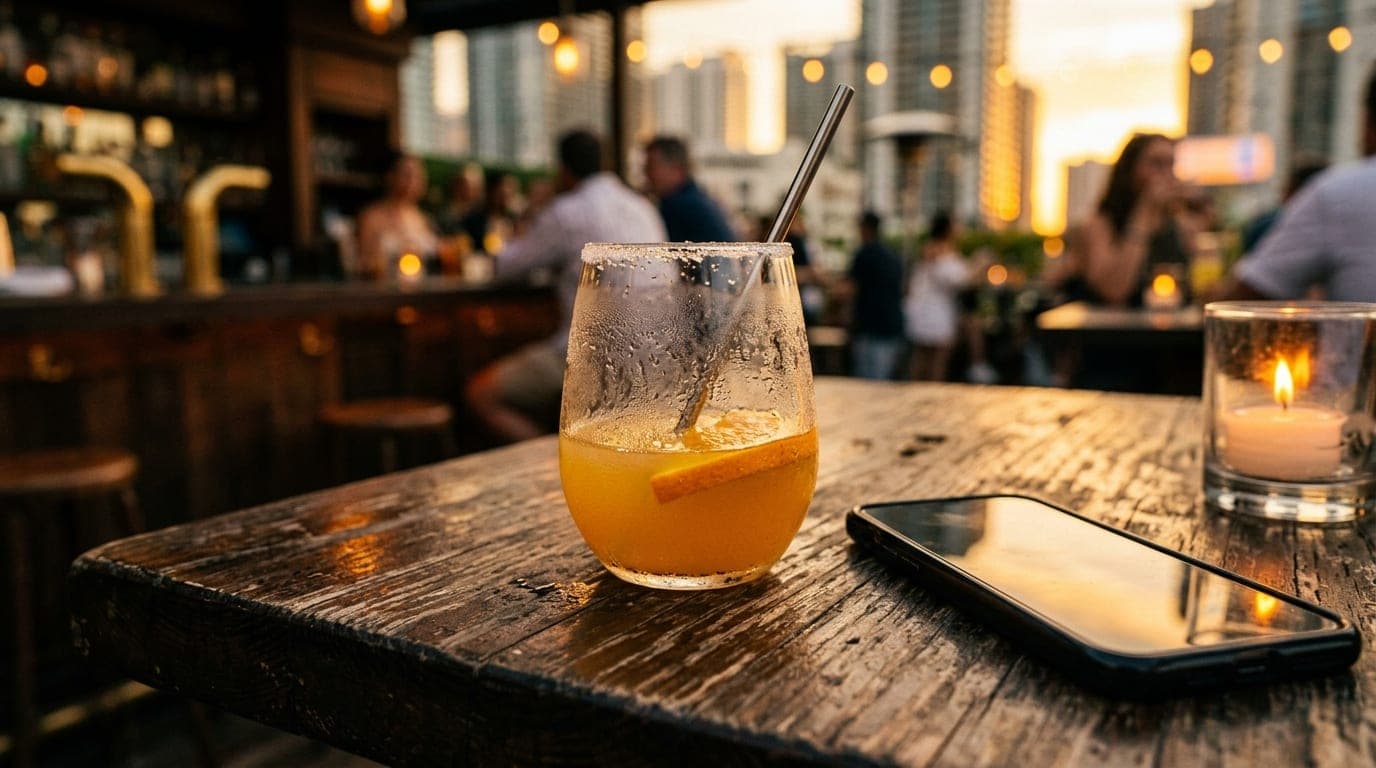 Macro tilt-shift lens captures a single sweating glass of leftover Sunday mimosa on a weathered Brickell rooftop bar table...